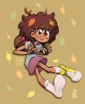  1girl :d afro amphibia anne_boonchuy artist_name backpack bag bare_arms bare_legs blush breasts brown_background brown_bag brown_eyes brown_hair collared_shirt commentary converse dark-skinned_female dark_skin deformed english_commentary full_body grey_shirt hair_behind_ear hands_up highres holding holding_bag jumping kneehighs kyotemeru leaf leaf_on_head looking_at_viewer miniskirt nose_blush open_mouth pleated_skirt purple_skirt raised_eyebrows shirt shoes short_hair short_sleeves simple_background single_shoe skirt small_breasts smile socks solo stick tareme white_socks yellow_shoes 
