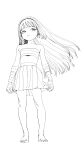  1girl absurdres bandaged_arm bandages barefoot check_copyright chest_sarashi commentary_request copyright_request flat_chest full_body highres kingrun long_hair looking_to_the_side monochrome original pout sarashi skirt solo wind 