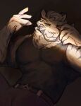  1boy animal_ears arknights bara belt black_tank_top bulge commentary commission english_commentary facial_hair feet_out_of_frame furry furry_male goatee highres large_hands large_pectorals looking_at_viewer male_focus mountain_(arknights) muscular muscular_male narpanoomy pants pectoral_cleavage pectorals scar scar_across_eye scar_on_arm scar_on_face seductive_smile short_hair sidepec smile solo tank_top thick_eyebrows tiger_boy tiger_ears tiger_stripes white_fur white_hair 
