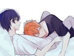  2boys alternate_costume aoyagi_touya black_shirt blonde_hair blue_hair closed_eyes closed_mouth commentary_request fingernails hand_on_another's_head looking_at_another lying lying_on_person male_focus multicolored_hair multiple_boys nervous_sweating on_back ono_z orange_hair pants project_sekai shinonome_akito shirt short_hair short_sleeves simple_background smile streaked_hair sweat two-tone_hair white_background white_shirt yaoi 