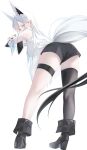  1girl absurdres ahoge animal_ear_piercing animal_ears aqua_eyes ass bent_over black_boots black_shorts black_thighhighs blue_neckerchief boots breasts commentary_request detached_sleeves extra_ears fox_ears fox_girl fox_tail from_behind highres hololive hood hooded_vest hoodie large_breasts long_hair looking_at_viewer looking_back neckerchief shirakami_fubuki shirakami_fubuki_(1st_costume) short_shorts shorts simple_background single_thighhigh solo tail tanishi_(hetianming11093) thigh_strap thighhighs vest virtual_youtuber white_background white_hair white_sleeves white_vest wide_sleeves 