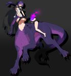  1girl areola_slip bare_shoulders bike_shorts bisected black_bow black_cape black_necktie black_thighhighs blush bow breasts cape centauroid claws commentary commission covering_breasts covering_privates english_commentary fire flat_chest floating_hair full_body fusion grey_background groin hair_between_eyes hair_bow highres holding holding_unworn_thighhighs kizuta_(barometz) large_breasts long_hair looking_down monster_girl multiple_legs navel necktie open_mouth original ponytail purple_fire purple_hair purple_scales red_eyes riding scales second-party_source shadow shirt sidelocks simple_background skeb_commission sleeveless sleeveless_shirt solo stomach sweat tail taur thighhighs topless_female unworn_thighhighs white_shirt 