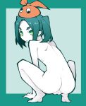  akableak ass barefoot cleft_of_venus closed_mouth completely_nude green_eyes green_hair green_theme hat highres looking_at_viewer looking_back monogatari_(series) nude ononoki_yotsugi pointy_ears pussy solo squatting thick_eyebrows twintails uncensored 