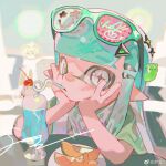  1girl absurdres acuteghost aqua_hair bendy_straw cherry closed_mouth commentary cross-shaped_pupils cup drinking drinking_glass drinking_straw drinking_straw_in_mouth eyewear_on_head food fruit green-framed_eyewear green_shirt grey_eyes hair_ornament hairclip hands_on_own_cheeks hands_on_own_face highres ice_cream ice_cream_float inkling inkling_girl inkling_player_character long_hair melon plate pointy_ears shirt solo splatoon_(series) sunglasses symbol-only_commentary symbol-shaped_pupils t-shirt tentacle_hair triangle_hair_ornament watermark weibo_watermark 
