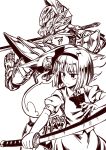  1girl absurdres armor bow bowtie character_request closed_mouth collared_shirt commentary_request copyright_request greyscale highres hitodama holding holding_sword holding_weapon katana konpaku_youmu konpaku_youmu_(ghost) monochrome oninamako puffy_short_sleeves puffy_sleeves shirt short_sleeves skirt sword touhou vest weapon 