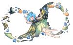  1girl animalization antennae barefoot blue_butterfly blue_flower blue_hair bug butterfly butterfly_wings caterpillar closed_eyes commentary dress eating egg eternity_larva facing_viewer fairy flower food fruit full_body green_dress hair_flower hair_ornament hashtag-only_commentary highres insect_wings leaf medium_hair multicolored_dress open_mouth orange_(fruit) pupa_(insect) shouxishao_jiuyuan smile toes touhou wings yellow_butterfly yellow_wings 