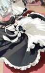  apron black_dress black_eyes black_hair black_shoes butler commentary_request dress frilled_dress frills highres indoors juliet_sleeves long_dress long_hair long_sleeves maid maid_apron maid_headdress multiple_girls original pentagon_(railgun_ky1206) puffy_sleeves shoes 
