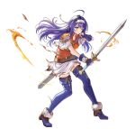  1girl ahoge armor battle_damage belt black_thighhighs blue_boots blue_gloves blue_hair blush boots breastplate breasts brown_belt commentary damaged english_commentary fingerless_gloves fire fire_emblem fire_emblem:_path_of_radiance fire_emblem:_radiant_dawn fire_emblem_heroes full_body gloves green_eyes hairband headband holding holding_sword holding_weapon long_hair looking_at_viewer mia_(fire_emblem) mia_(zenith_challenger)_(fire_emblem) official_alternate_costume official_art okuma_mai orange_shirt parted_lips purple_hair scabbard sheath shirt short_sleeves shoulder_armor simple_background skirt solo sword thigh_boots thighhighs thighs third-party_source torn_clothes weapon white_background white_hairband white_headband white_shirt white_skirt wide_sleeves 