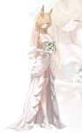  1girl absurdres alter_(kxk7357) alternate_costume animal_ears bare_shoulders blonde_hair blue_archive blue_eyes blue_halo bouquet breasts bridal_veil cleavage commentary_request dog_ears dress elbow_gloves flower full_body gloves hair_over_shoulder halo high_heels highres holding holding_bouquet kanna_(blue_archive) large_breasts long_hair looking_at_viewer parted_lips see-through_cleavage see-through_clothes shoes standing strapless strapless_dress thighhighs veil very_long_hair white_background white_dress white_flower white_gloves white_shoes white_thighhighs white_veil zoom_layer 