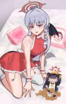  absurdres bare_shoulders blue_archive doodle_sensei_(blue_archive) dress food fuuka_(blue_archive) halo haruna_(blue_archive) highres looking_at_viewer on_bed red_eyes red_halo royalbunny003 santa_costume santa_dress sensei_(blue_archive) single_wing thighhighs white_hair white_thighhighs wings yes-no_pillow 