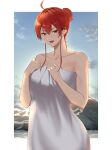  1girl absurdres ahoge alternate_hairstyle bare_shoulders border collarbone commentary_request cowboy_shot day eris_greyrat hair_between_eyes hair_bun highres looking_at_viewer mushoku_tensei naked_towel onsen open_mouth outdoors outside_border red_eyes red_hair rock short_hair_with_long_locks sky solo towel water white_border yuasobi871 