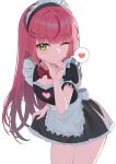  1girl apron black_dress bow bowtie cleavage_cutout closed_mouth clothes_lift clothing_cutout commentary cowboy_shot dress english_commentary fingernails frilled_dress frills green_eyes hair_ornament hairclip hanako_nana hand_on_own_chin hand_up heart heart_cutout highres huhe_01 long_hair looking_at_viewer maid maid_headdress multicolored_hair nail_polish one_eye_closed parallel_hairclips pink_hair pink_nails red_bow red_bowtie short_dress short_sleeves simple_background skirt skirt_lift solo speech_bubble spoken_heart standing stellive straight_hair streaked_hair very_long_hair virtual_youtuber waist_apron white_apron white_background 
