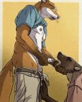 anthro areola balls belt bodily_fluids bottomwear bottomwear_down canid canine clothed clothing clothing_lift cum cum_in_mouth cum_inside duo eye_contact eyewear fox genital_fluids genitals glans glasses gulonine hi_res humanoid_genitalia humanoid_penis looking_at_another looking_down looking_up looking_up_at_partner male male/male mammal marten masturbation mustelid musteline nipples open_belt oral pants pants_down partially_clothed penis raised_head rayfkm shirt shirt_lift sweat topwear wearing_glasses whiskers