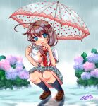  alternate_costume ass black_socks blue_eyes blue_skirt blush bow braid breasts brown_hair brown_shoes censored commentary_request commission dress_shirt flower full_body green_sailor_collar hair_between_eyes hair_bow hair_flower hair_ornament huge_ass hydrangea izumi_shara kantai_collection kneehighs loafers long_hair looking_at_viewer medium_breasts necktie open_clothes open_mouth open_shirt outdoors plaid_clothes plaid_skirt public_indecency rain red_bow red_necktie sailor_collar shigure_(kancolle) shigure_kai_san_(kancolle) shirt shoes short_sleeves sidelocks signature single_braid skeb_commission skirt socks squatting transparent transparent_umbrella umbrella white_shirt 