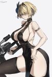 1girl absurdres armlet bare_shoulders black_dress black_thighhighs blonde_hair blue_eyes blue_flower blue_gem blue_nails breasts commentary_request dimos_(dawn_1945) dress earrings evening_gown eyes_visible_through_hair flower gem girls'_frontline girls'_frontline_2:_exilium gun hair_flower hair_intakes hair_ornament hair_over_one_eye highres holding holding_weapon jewelry large_breasts looking_at_viewer mole mole_under_eye necklace official_alternate_costume panties rifle short_hair side-tie_panties sideboob signature simple_background sniper_rifle solo string_panties thighhighs underwear vsk-94 vsk-94_(girls'_frontline) vsk-94_(night_on_the_silver_bay)_(girls'_frontline) weapon 