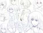  6+girls :< akiha_rumiho amane_suzuha amane_suzuha_(beta) amane_yuki blush braid chibi chibi_inset commentary_request frilled_nightgown glaring hair_rings highres hiyajou_maho kurushima_kaede long_hair makise_kurisu menomorute monochrome multiple_girls multiple_views nakase_katsumi nervous_sweating nightgown okabe_rintarou okabe_rintarou_(beta) science_adventure serious shiina_kagari shiina_mayuri simple_background steins;gate steins;gate_0 sweat twin_braids 