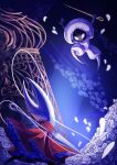  2girls arthropod_girl black_skin blank_eyes bodysuit boss_fight cloak colored_skin flower from_behind hat highres holding holding_weapon hollow_knight hollow_knight:_silksong horned_mask hornet_(hollow_knight) horns in-universe_location jumping lace_(hollow_knight) leonafun looking_at_another looking_down looking_up mask multiple_girls needle_(hollow_knight) petals pin_(hollow_knight) puffy_sleeves red_cloak standing weapon white_bodysuit white_eyes white_flower white_hat white_mask 