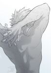  1boy arms_up back bakugou_katsuki boku_no_hero_academia from_behind grey_background greyscale highres male_focus monochrome multiple_scars nude oroshi_mi scar scar_on_arm short_hair signature simple_background solo spiked_hair upper_body watermark 