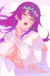 1girl artist_name bakemonogatari blush breasts collared_shirt covered_nipples cowboy_shot eyelashes large_breasts long_hair looking_at_viewer monogatari_(series) no_bra open_mouth partially_unbuttoned purple_hair rapa_rachi senjougahara_hitagi shadow shirt short_sleeves sidelocks sketch solo twitter_username very_long_hair watermark white_shirt 