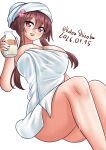  1girl absurdres blush bottle breasts brown_eyes brown_hair cherry_blossoms dated feet_out_of_frame flower hair_between_eyes hair_flower hair_ornament highres holding holding_bottle kantai_collection katou_shinobu large_breasts long_hair looking_at_viewer milk_bottle naked_towel one-hour_drawing_challenge open_mouth ponytail simple_background smile solo towel towel_on_head twitter_username very_long_hair wet white_background yamato_(kancolle) 