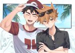  2boys absurdres adjusting_clothes adjusting_headwear arm_up baseball_cap black_hair black_shirt blue_oak brown_hair buttons closed_mouth cloud collared_shirt commentary_request crew_neck crossed_arms eyewear_on_head hair_between_eyes hat highres male_focus multiple_boys open_collar open_mouth palm_tree pk_rgr96 pokemon pokemon_sm raglan_sleeves red_(pokemon) red_hat round_teeth shirt short_hair short_sleeves sky smile spiked_hair sunglasses t-shirt teeth tree upper_body upper_teeth_only 