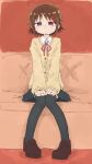  1girl black_skirt black_thighhighs blush brown_hair brown_shoes buttons cardigan closed_mouth collared_shirt commentary_request couch flat_chest full_body hair_ornament hairclip half-closed_eyes hands_on_own_thighs highres long_sleeves looking_at_viewer miniskirt neck_ribbon on_couch original partial_commentary pigeon-toed pleated_skirt ponnu_(tnpn2yw) raised_eyebrows red_eyes red_ribbon ribbon school_uniform shirt shoes short_hair sidelocks sitting skirt solo straight-on sweat thighhighs v_arms white_shirt yellow_cardigan 