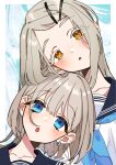  2girls :o absurdres behind_another black_sailor_collar blue_eyes blue_neckerchief blush border collarbone color_connection colored_eyelashes commentary_request earrings gakuen_idolmaster grey_hair hair_color_connection hair_ornament hairclip hatsuboshi_gakuen_school_uniform hayashima_koto head_on_head head_rest head_tilt highres idolmaster idolmaster_shiny_colors jewelry long_hair looking_at_viewer multiple_girls neckerchief open_mouth orange_eyes outside_border parallel_hairclips parted_bangs parted_lips sailor_collar sailor_shirt school_uniform serizawa_asahi shinosawa_hiro shirt short_hair single_earring stud_earrings swept_bangs upper_body white_border white_shirt 