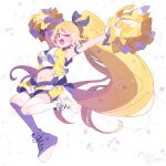  1girl ;d arms_up bare_shoulders black_ribbon blonde_hair blush breasts cheerleader clothes_writing commentary_request crop_top cropped_shirt full_body hair_ribbon highres holding holding_pom_poms large_breasts long_hair looking_at_viewer magia_record:_mahou_shoujo_madoka_magica_gaiden mahou_shoujo_madoka_magica midriff miniskirt navel one_eye_closed open_mouth pom_pom_(cheerleading) ponytail red_eyes ribbon serizawa_serizane shirt shoes simple_background skirt sleeveless sleeveless_shirt smile sneakers solo thighhighs togame_momoko twitter_username white_background white_shoes white_thighhighs yellow_shirt yellow_skirt zettai_ryouiki 