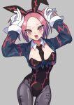  1girl @_@ animal_ears blush bow bowtie breasts commentary_request cowboy_shot detached_collar duel_monster fake_animal_ears fang gloves grey_background highres leotard long_sleeves medium_breasts necktie open_mouth pantyhose playboy_bunny rabbit_ears red_eyes red_hair simple_background skull_and_crossbones skull_print tour_guide_from_the_underworld twintails wadatsumi_(sense11531153) white_gloves yu-gi-oh! 