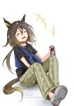  1girl animal_ears black_hair black_shirt blue_shirt blush brown_hair camouflage camouflage_pants can casual closed_eyes commentary_request drink_can ear_covers fanny_pack hair_between_eyes highres holding holding_can horse_ears horse_girl horse_tail long_hair multicolored_hair open_mouth pants shirt shoes simple_background sitting smile stay_gold_(casual)_(umamusume) stay_gold_(umamusume) streaked_hair tail umamusume white_background white_hair youai_you 