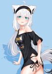  1girl absurdres ahoge animal_ear_fluff animal_ears aqua_eyes black_hairband black_panties black_shirt blue_background blush commentary_request extra_ears fox_ears fox_girl fox_tail hair_between_eyes hair_ornament hairband highres hololive lingmu looking_at_viewer open_mouth oversized_clothes oversized_shirt panties shirakami_fubuki shirakami_fubuki_(loungewear) shirt simple_background single_off_shoulder solo tail underwear virtual_youtuber 