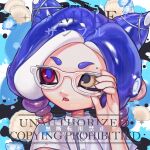  1girl adjusting_eyewear glasses hair_horns hair_ornament hand_on_eyewear highres looking_to_the_side medium_hair mismatched_pupils mole mole_above_eye mole_under_eye mole_under_mouth multiple_moles nezumi_(tuboshu2013) octoling octoling_girl octoling_player_character open_mouth parted_bangs portrait purple_hair purple_pupils sample_watermark shirt short_sleeves solo splatoon_(series) tentacle_hair watermark white-framed_eyewear white_shirt x_hair_ornament 