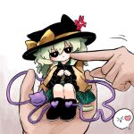  1girl 1other :t anger_vein animal_ears black_eyes black_hat bow buttons cat_ears cat_tail cheek_poking diamond_button eyeball floral_print frilled_shirt_collar frilled_sleeves frills green_hair green_skirt hat hat_bow hat_ribbon heart heripantomorrow holding holding_mini_person in_palm kemonomimi_mode komeiji_koishi mini_person minigirl paw_pose poking ribbon rose_print shirt sitting_on_hand skirt speech_bubble spoken_heart tail third_eye touhou white_background yellow_bow yellow_ribbon yellow_shirt 