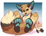 absurd_res anthro blep canid canine claws feet fenneckiro foot_focus hi_res looking_at_viewer male mammal pawpads riko_(kilometers) smile solo tongue tongue_out