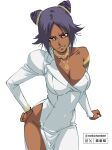  1girl alt_text artist_name bleach bracelet breasts cleavage collarbone commentary cone_hair_bun dark-skinned_female dark_skin double_bun dress english_commentary hair_bun instagram_logo jewelry looking_at_viewer necklace nekoranten no_panties purple_hair shihouin_yoruichi side_slit simple_background single_off_shoulder solo thighs twitter_x_logo white_background white_dress 