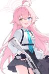 1girl absurdres ahoge beretta_1301 black_gloves black_skirt blue_archive blue_eyes blue_necktie blush chest_harness chinese_commentary collared_shirt commentary_request cowboy_shot fang fingerless_gloves gloves gun hair_between_eyes hair_flaps halo harness heterochromia highres holding holding_gun holding_weapon hoshino_(blue_archive) id_card jyt long_hair long_sleeves looking_at_viewer making-of_available necktie open_mouth partial_commentary pink_hair pink_halo plaid_clothes plaid_skirt pleated_skirt puffy_long_sleeves puffy_sleeves shield shirt shotgun simple_background skirt smile solo very_long_hair weapon white_background white_shirt yellow_eyes 