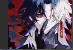  1boy aheng art_program_in_frame black_gloves blade_(honkai:_star_rail) blue_hair chinese_commentary double-parted_bangs earrings floral_background gloves hair_over_one_eye hand_on_own_face honkai:_star_rail honkai_(series) jewelry long_hair male_focus red_eyes shadow staring turtleneck 