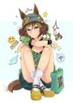  1girl animal_ears bag beanie blue_eyes blush bow braid braided_hair_rings brown_hair closed_mouth commentary_request ears_through_headwear fashion green_bow green_nails green_shirt green_shorts grey_hat hair_between_eyes hair_bow hair_bun hair_ornament hair_rings hairclip hat hat_ornament horse_ears horse_girl horse_tail houya_hafu lightning_bolt_symbol long_hair looking_at_viewer mr._c.b._(umamusume) shirt shoes shorts sitting smile smiley_face socks speech_bubble star_(symbol) tail umamusume umbrella white_socks wristband 
