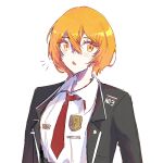  1girl absurdres black_coat blonde_hair blush coat collared_shirt commentary_request don_quixote_(project_moon) highres limbus_company long_sleeves looking_at_viewer necktie notice_lines open_mouth project_moon red_necktie shirt short_hair simple_background solo wawawa_chi white_background white_shirt yellow_eyes 