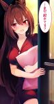  1girl absurdres animal_ears antenna_hair atelier_z44 blush breasts brown_hair buttons commentary_request daiwa_scarlet_(umamusume) fang hair_between_eyes hair_intakes highres holding holding_pillow horse_ears horse_girl horse_tail large_breasts long_hair looking_at_viewer open_mouth pajamas pillow red_eyes red_pajamas red_shirt red_shorts shirt shorts signature skin_fang solo speech_bubble tail translation_request umamusume v-shaped_eyebrows very_long_hair 
