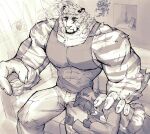  1boy 1other ambiguous_gender animal_ears arknights bara black_tank_top commentary_request couch covered_abs cup curtains doctor_(arknights) drinking_glass facial_hair feet_out_of_frame furry furry_male furry_with_non-furry goatee greyscale hand_on_another's_head headpat highres holding holding_cup hood hood_up indoors interspecies lap_pillow large_hands large_pectorals male_focus monochrome mountain_(arknights) multiple_boys muscular muscular_male neko_dakarane on_couch pants pectoral_cleavage pectorals scar scar_across_eye scar_on_arm scar_on_face short_hair sidepec sitting size_difference tail tail_around_another's_waist tank_top thick_eyebrows tiger_boy tiger_ears tiger_tail white_fur white_hair white_pants 