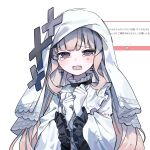  1girl blonde_hair blunt_bangs cross cross_earrings earrings frilled_sleeves frills gloves hands_up highres hikami_meruru jewelry long_hair long_sleeves looking_at_viewer mahou_shoujo_no_majo_saiban marshmallow_(site) nervous open_mouth purple_eyes request_inset simple_background solo tearing_up translation_request upper_body veil white_background white_gloves white_veil yamete_ne 