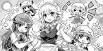  >_< 5girls apron ascot bat_wings braid breasts colonel_aki commentary_request crescent crescent_hat_ornament crystal crystal_wings dress flandre_scarlet greyscale hat hat_ornament hat_ribbon hong_meiling izayoi_sakuya long_hair maid maid_headdress mob_cap monochrome multiple_girls one_side_up open_mouth patchouli_knowledge puffy_short_sleeves puffy_sleeves remilia_scarlet ribbon short_sleeves siblings sisters small_breasts smile star_(symbol) star_hat_ornament touhou twin_braids very_long_hair vest waist_apron wings 