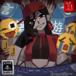  1girl black_gloves black_hair black_shirt commentary_request crop_top dj ear_ornament ear_tag emoji gloves hair_between_eyes hand_up highres jacket kotoba_asobi_(synthesizer_v) long_bangs long_hair long_hair_between_eyes long_sleeves looking_at_viewer mixing_console multicolored_jacket niwa281019 open_clothes open_jacket parted_lips red_eyes red_jacket shirt smile solo synthesizer_v twitter_username two-tone_jacket vimalion_pro white_jacket yi_xi_(synthesizer_v) 