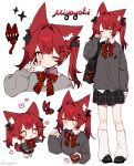  +_+ 1girl absurdres animal_ear_fluff animal_ears bag black_bag black_bow black_shoes black_skirt blush bow bowtie character_name chibi closed_mouth collared_shirt cropped_torso food fox_ears full_body grey_sweater hair_bow hair_ornament hairclip hand_up heart highres holding holding_food loafers long_hair long_sleeves looking_at_viewer loose_socks miyayoki multiple_views notice_lines one_eye_closed open_mouth original plaid_clothes plaid_skirt pleated_skirt pocky polka_dot polka_dot_bow puffy_long_sleeves puffy_sleeves red_bow red_bowtie red_hair rubbing_eyes school_bag school_uniform shirt shoes shoulder_bag simple_background skirt sleeves_past_wrists socks standing sweater symbol-shaped_pupils tail twintails twitter_username v v_over_eye white_background white_shirt white_socks x_hair_ornament yellow_eyes 