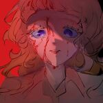  1girl blonde_hair blood blood_on_face blue_eyes collared_shirt colored_eyelashes commentary_request dress eyelashes gnosia highres kukrushka_(gnosia) lips long_hair looking_at_viewer open_mouth red_background shirt simple_background solo teeth wavy_hair wawawa_chi 