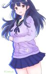  1girl ahoge black_hair blue_sailor_collar breasts brown_eyes cardigan commentary_request cowboy_shot hair_ornament hairband kantai_collection long_hair medium_breasts nekojita_kavu open_mouth pleated_skirt purple_cardigan sailor_collar school_uniform serafuku skirt smile solo twitter_username ushio_(autumn_2015)_(kancolle) ushio_(kancolle) white_background 