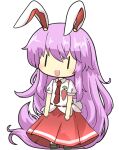  1girl :d akihiyo animal_ears chibi chibi_only collared_shirt commentary commission full_body highres long_hair necktie open_mouth orange_skirt puffy_short_sleeves puffy_sleeves purple_hair rabbit_ears rabbit_girl rabbit_tail red_necktie reisen_udongein_inaba shirt short_sleeves simple_background skeb_commission skirt smile solo standing tail touhou very_long_hair white_background white_shirt |_| 
