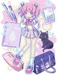  1girl absurdres alternate_costume animal bag bag_charm black_cat bow bowtie cat charm_(object) commentary_request full_body highres kaname_madoka looking_at_viewer mahou_shoujo_madoka_magica mahou_shoujo_madoka_magica_(anime) miniskirt paper pen pink_eyes pink_hair pink_shoes pink_vest ruru_(rurumagi) shoes short_twintails shoulder_bag sketchbook skirt socks solo striped_bow striped_bowtie striped_clothes twintails vest white_socks 