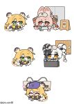 3girls absurdres animal_ear_fluff animal_ear_piercing animal_ears baseball_cap beer_hat black_hair blonde_hair blue_hat bow braid braided_twintails bubble_tea chibi closed_eyes coin colored_inner_hair commentary dialyn_(zenless_zone_zero) full_body furry furry_female green_eyes hair_extensions hair_ornament hairclip hat heart highres holding holding_coin jacket ju_fufu long_hair multicolored_hair multiple_girls necktie notice_lines open_mouth panda_hair_ornament pink_fur pink_hair rabbit_ears rabbit_girl red_eyes ring_hair_extensions sima_(startwitch) simple_background split-color_hair striped_fur striped_hair symbol-only_commentary tail tail_bow tail_ornament tiger_ears tiger_girl tiger_stripes tiger_tail twitter_username white_background white_hair yellow_eyes yellow_jacket yellow_necktie zenless_zone_zero zhao_(zenless_zone_zero) 